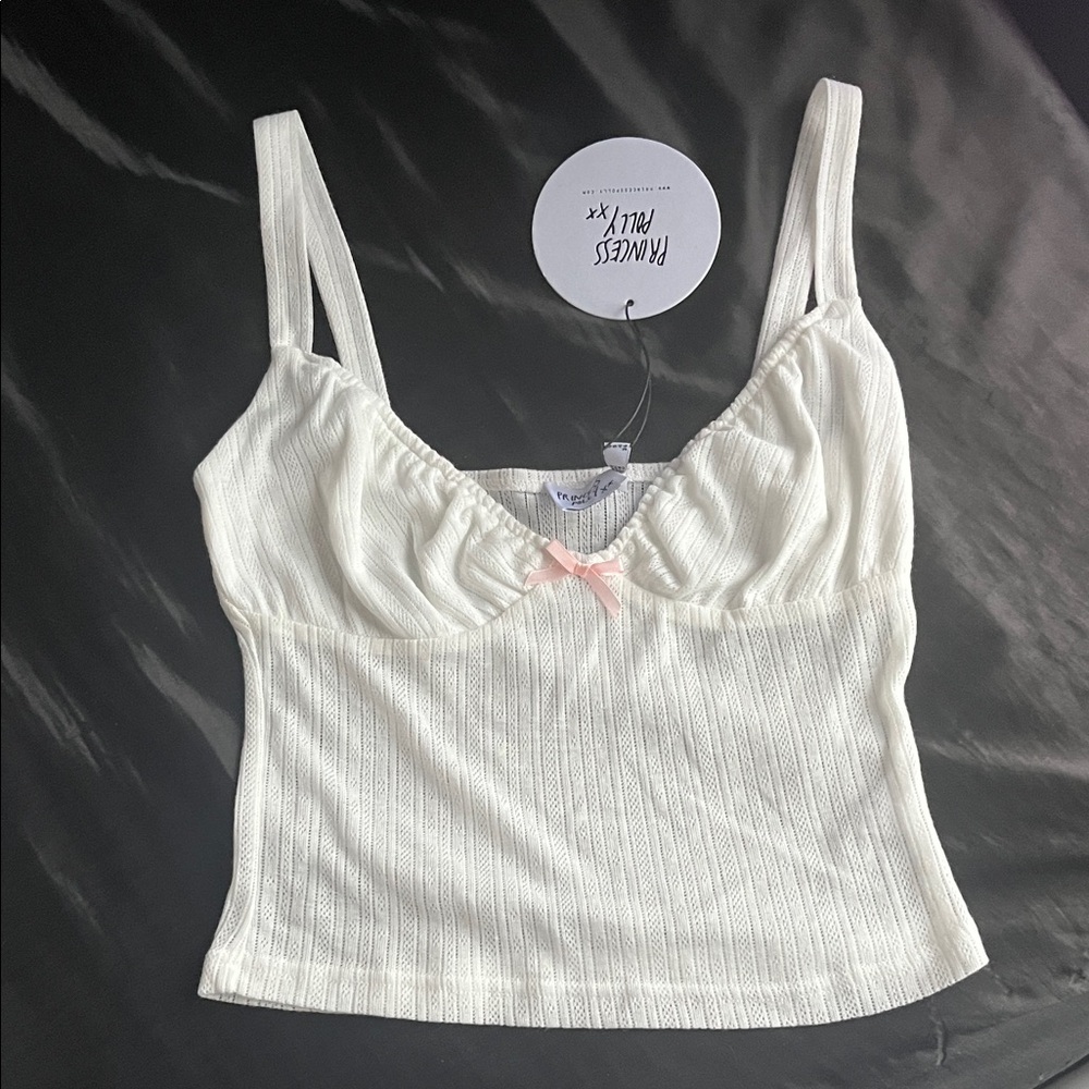 Princess Polly White Knit Top with Pink Ribbon